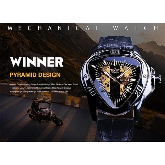 Fashion Mechanical Wrist Watch Triangle Racing Dial, Waterproof Golden, Black_1 - Picture 3 of 6